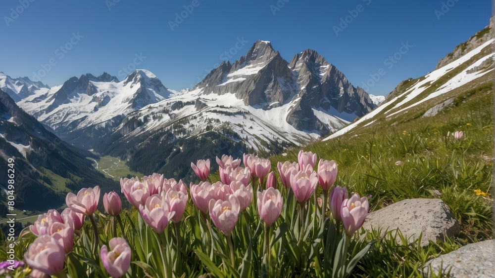 Fototapeta premium Blossoming cherry trees with a backdrop of snowy mountains
