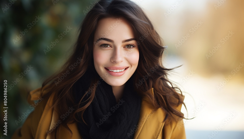 Happy young woman sitting on sofa at home and look Happy young woman sitting on sofa at home and look