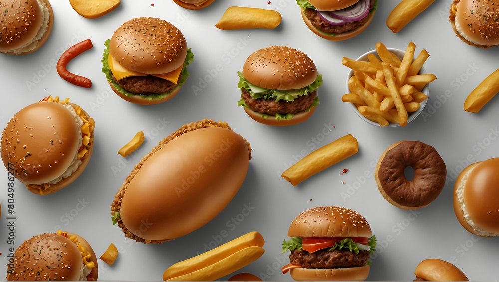 flying fast food dishes isolated on white abstract background. floating burger, steak, French fries, chicken sticks, fried chicken, hot dog. abstract fast food mock up and template design Generative A flying fast food dishes isolated on white abstract background. floating burger, steak, French fries, chicken sticks, fried chicken, hot dog. abstract fast food mock up and template design Generative A