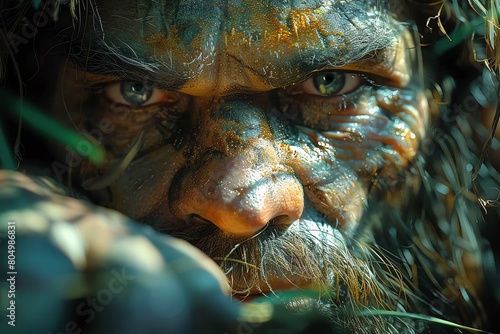 A closeup of a primitive man with green eyes and dark hair. He is covered in mud and has a bone in his nose. He is looking at the camera with a fierce expression.