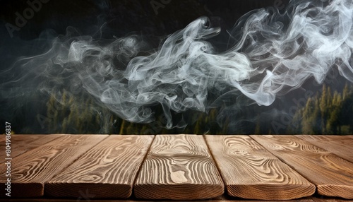 Ethereal Elegance: Dark Background with Empty Wooden Table and Rising Smoke photo