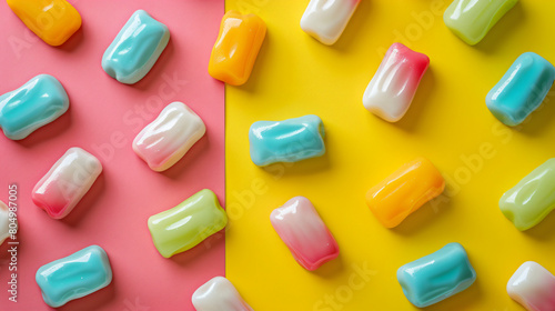 Tasty chewing gums on color background closeup