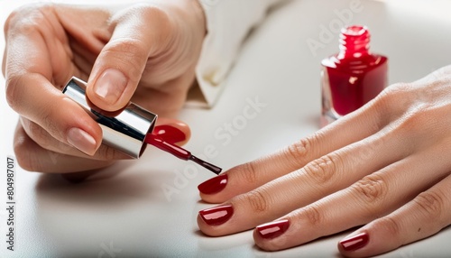 Beautiful woman  meticulously applies nail polish. Her focus is intense  yet serene  as she creates a perfect  glossy finish on each fingertip