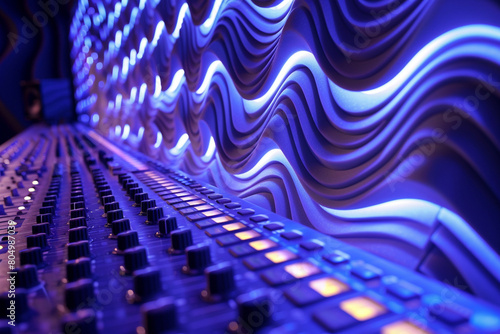 An artistic view of acoustical foam patterns with integrated LED lighting  highlighting a sound engineers mixing desk  