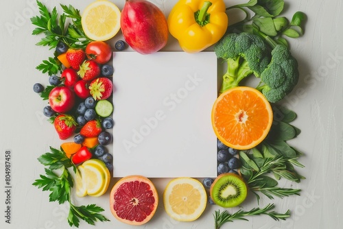Creative layout made of various fruits and vegetables with white paper card. Flat lay. Food concept.Creative layout made of various fruits and vegetables. generative ai
