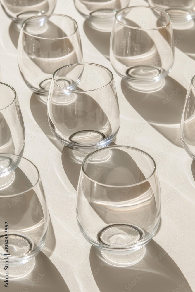 A collection of minimalist glassware, like stemless wine glasses, arranged in a symmetrical pattern on a clean surface A collection of minimalist glassware, like stemless wine glasses, arranged in a symmetrical pattern on a clean surface