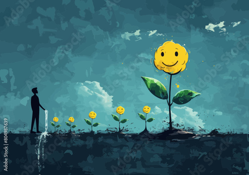 Positive Mental Wellbeing Concept: Man Watering Brain Seedling Growing into Happy Smiling Face Plant - Illustration of Relaxation, Reducing Anxiety, Nurturing Happiness