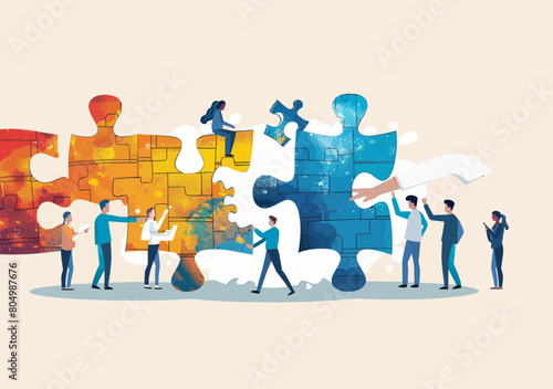 Contemporary businessman finds team solution, HR jigsaw puzzle placement strategy - new hire connections, right fit candidate corporate concept