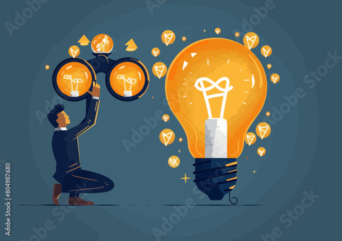 Visionary Business Leader Seeking New Ideas and Solutions Through Creativity, Curiosity, and Foresight - Businessman Using Binoculars to Explore Lightbulb Concept