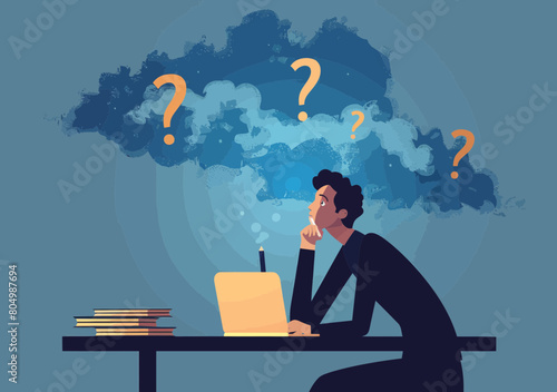 Middle-Aged Businessman Pondering Decision With Question Mark Above Head While Working On Laptop, Depicting Uncertainty, Confusion, Curiosity, Problem-Solving Concept