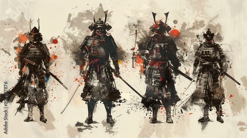 Set of samurais warriors on a light beige background with light grey brushes all over and red pigments representing japan.