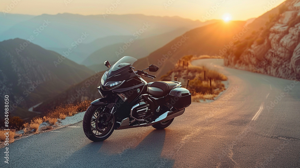 sleek black motorcycle parked on winding mountain road with the sun setting in the distance and the promise of exhilarating ride through scenic twists and turns.