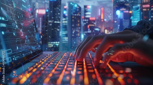 Close-up of hands typing on a backlit keyboard with a cyber cityscape in the background. photo