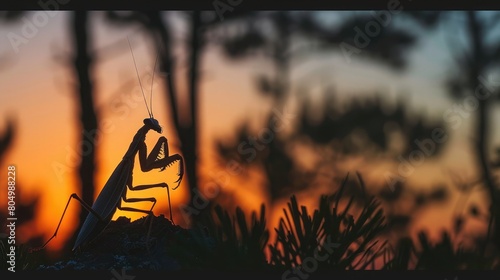 The silhouette of trees and an Empusa pennata mantis against a gradient twilight sky photo