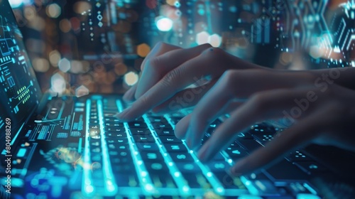 Close-up of hands typing on a backlit keyboard with a cyber cityscape in the background.