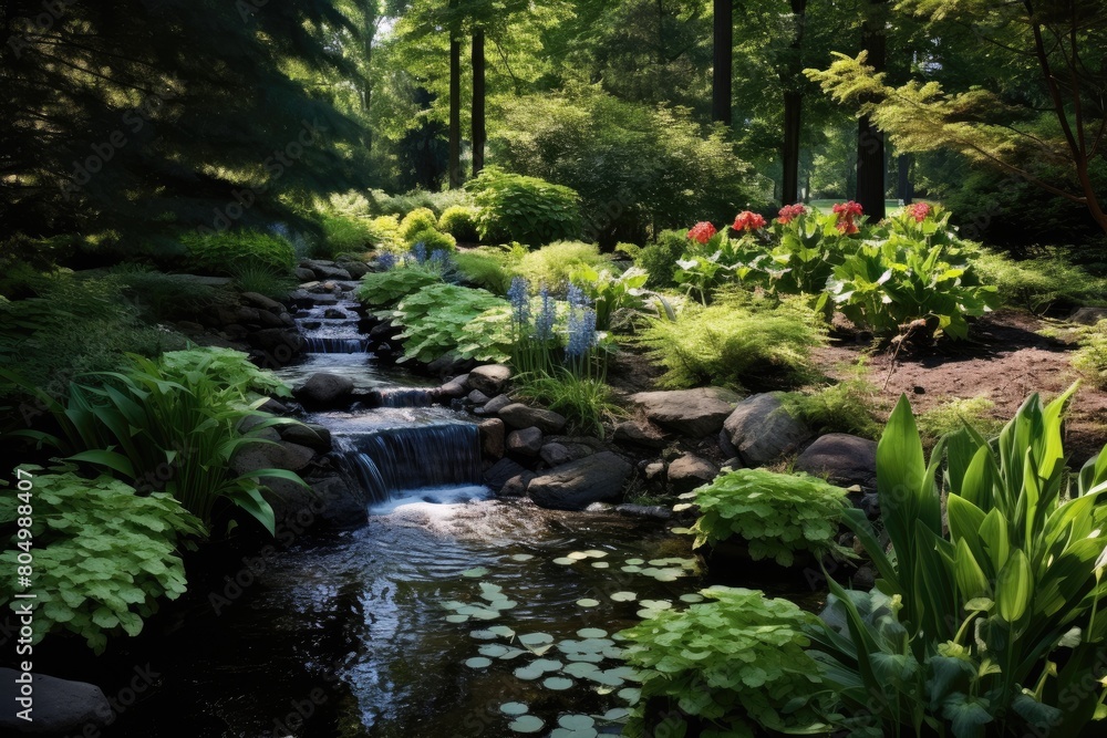 A gentle stream flows into the pond, creating a soothing soundtrack to the garden's natural symphony. A gentle stream flows into the pond, creating a soothing soundtrack to the garden's natural symphony.