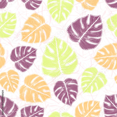 Monstera tropical foliage botanical seamless ornament over noisy background.