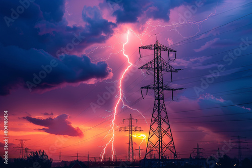 An electrifying moment captured as lightning strikes a remote electricity pylon illustrating the wild 