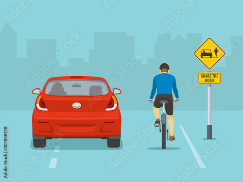 Isolated back view of cyclist and car on city road. "Share the road" yellow traffic sign area. Flat vector illustration template.