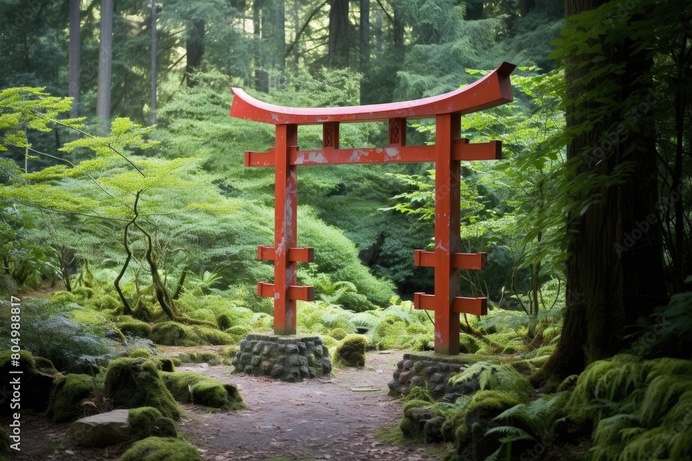 A red torii gate marks the entrance to a secluded area, adding a touch of spiritual significance to the garden. A red torii gate marks the entrance to a secluded area, adding a touch of spiritual significance to the garden.