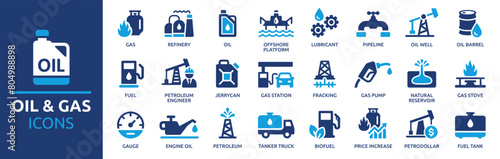 Oil and Gas icon set. Containing fuel, refinery, petroleum, oil well, gas pump, offshore platform, lubricant, oil barrel and more. Solid vector icons collection. photo