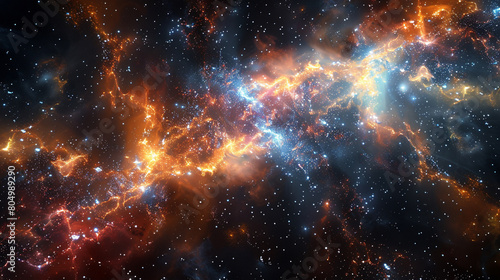 Deep space backdrop with tiny glowing molecular networks Small, interconnected structures forming a constellation-like pattern against the cosmos.