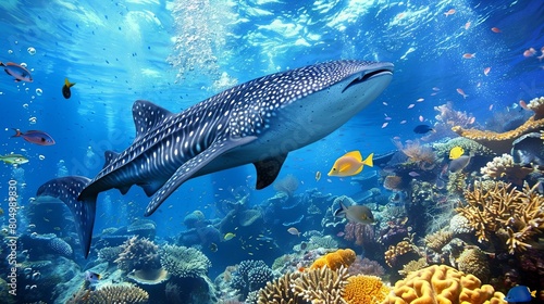 Majestic whale shark swimming in vibrant coral reef