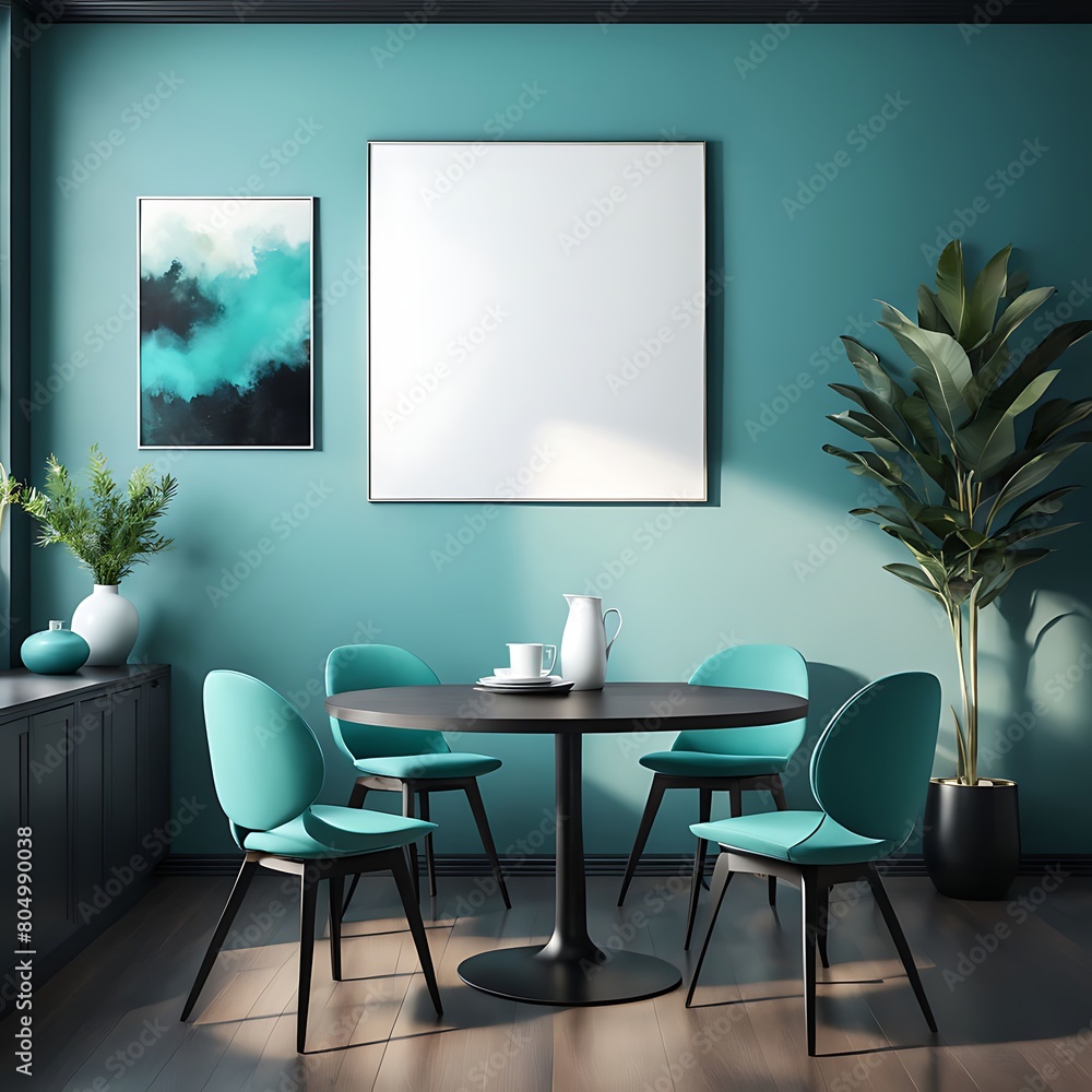 Meeting area or dining room with large black round table and teal cyan chairs. Empty wall turquoise azure paint color accent. Dinning modern kitchen interior home or café. Mockup for art. 3d render Meeting area or dining room with large black round table and teal cyan chairs. Empty wall turquoise azure paint color accent. Dinning modern kitchen interior home or café. Mockup for art. 3d render