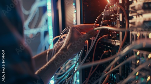 Assembler connecting cables to a server rack, detailed hands and cables, sharp focus, rack lighting.  photo