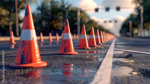 Road safety cones on a wet street at sunset