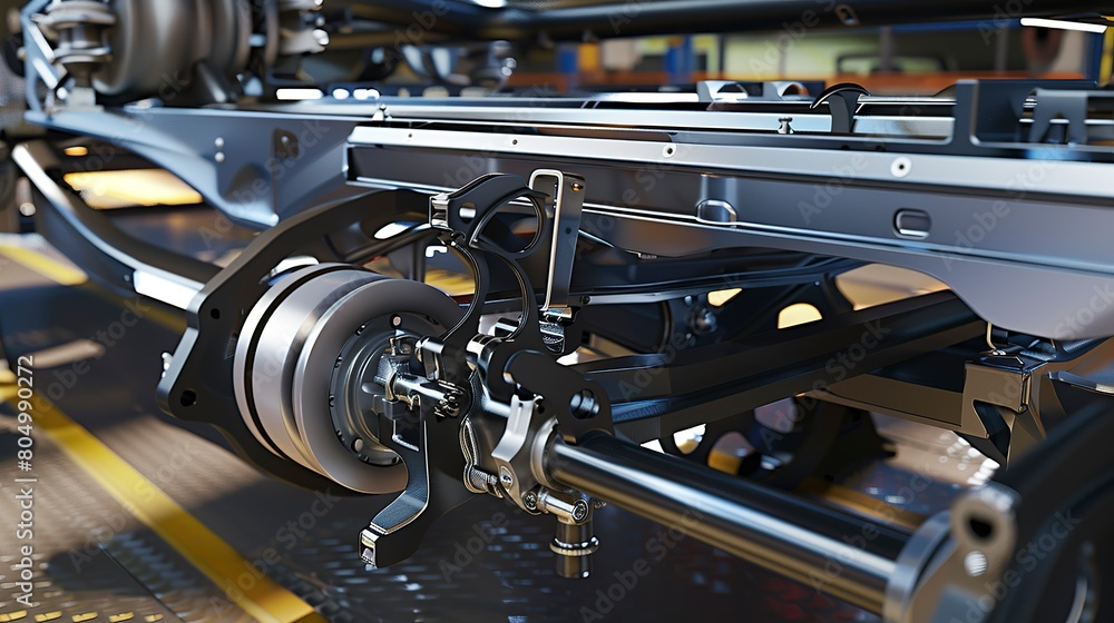 Fototapeta premium Car assembly line with a chassis being fitted with wheels, close view, detailed machinery, industrial light. 