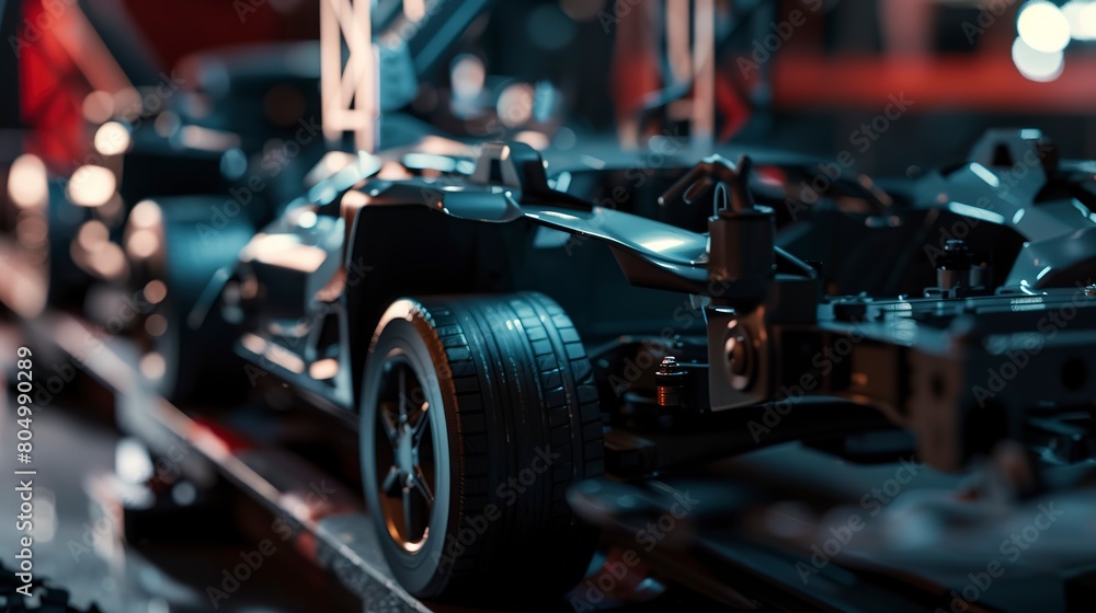 Fototapeta premium Car assembly line with a chassis being fitted with wheels, close view, detailed machinery, industrial light. 