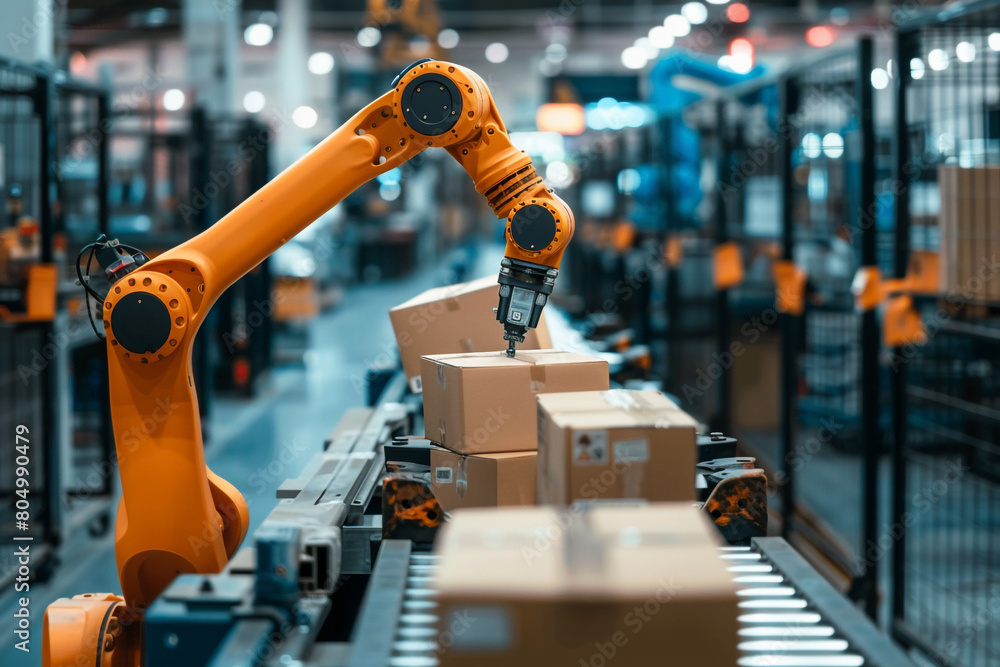 An industrial robot arm picking parts, showcasing the role of automation in enhancing efficiency and reducing human toil An industrial robot arm picking parts, showcasing the role of automation in enhancing efficiency and reducing human toil
