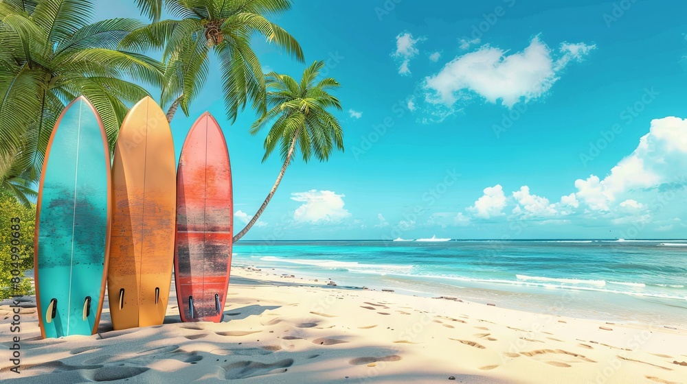 Tranquil tropical beach with colorful surfboards and lush palms
