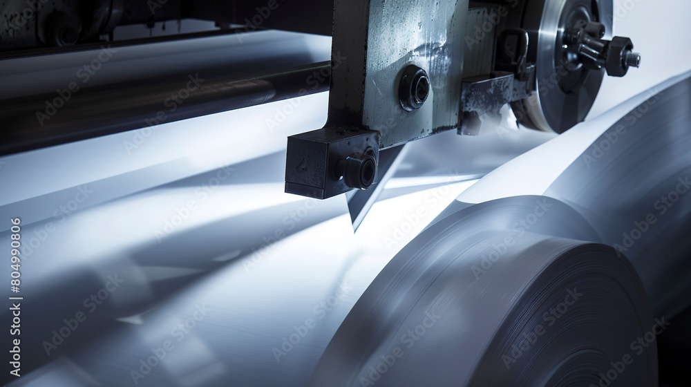 Fototapeta premium Close-up of a cutting machine slicing through large paper rolls, detailed blades and paper edges, intense light. 