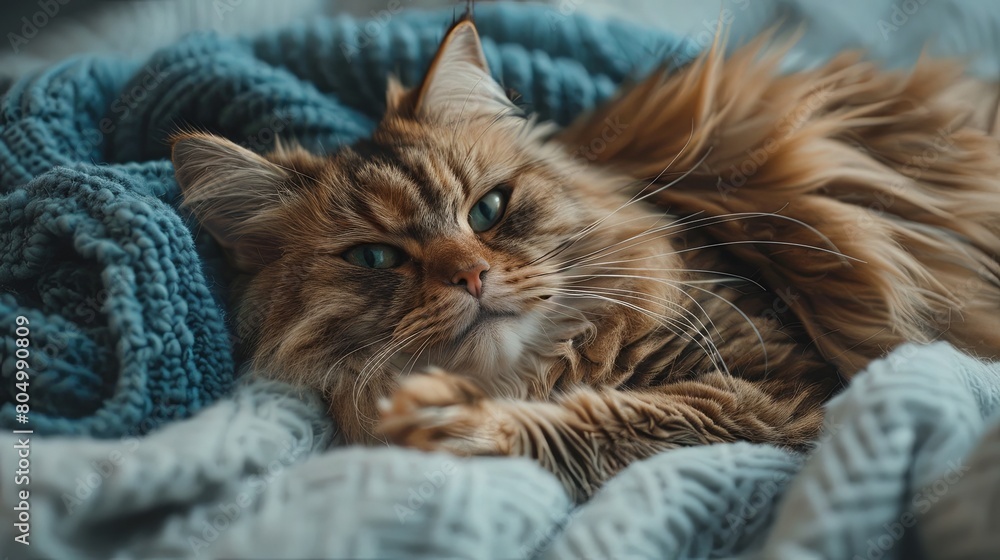 Cozy feline nap in a blue knitted blanket Cozy feline nap in a blue knitted blanket