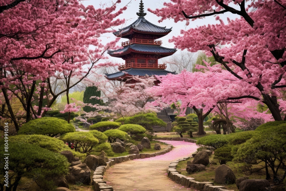 A pagoda stands tall amidst the cherry blossoms, offering a panoramic view of the entire garden.