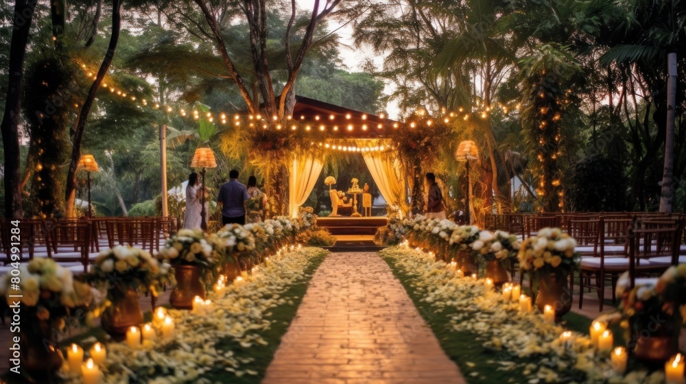 The wedding ceremony was decorated very beautifully and stylishly, decorated with various fresh flowers, standing in the garden with hanging lights