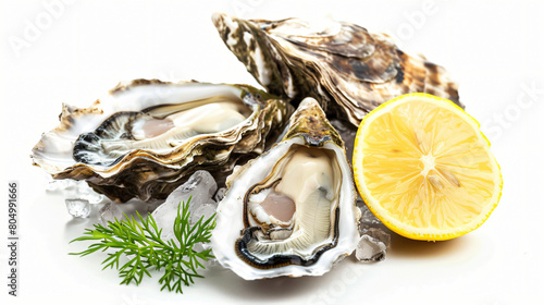 Tasty oysters with lemon on white background