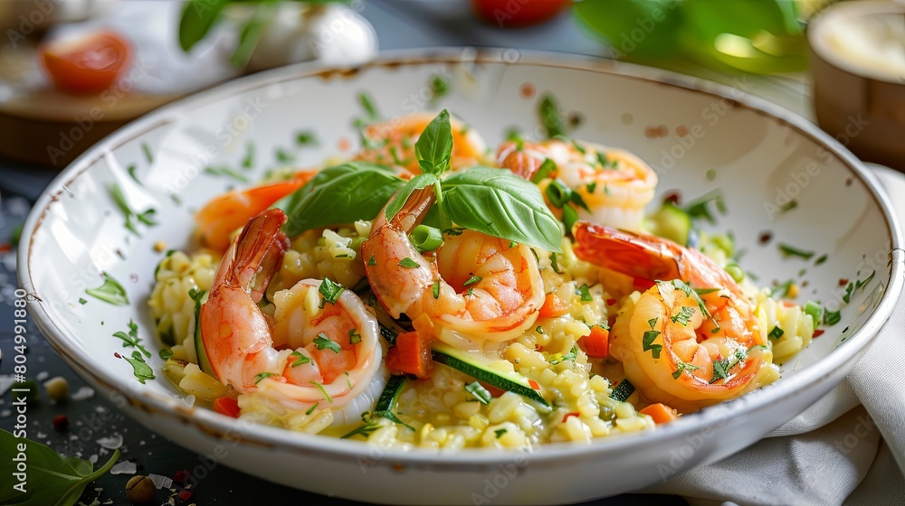 Gourmet shrimp risotto with fresh basil on elegant dinnerware