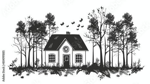 Monochrome contour of cottage in the forest