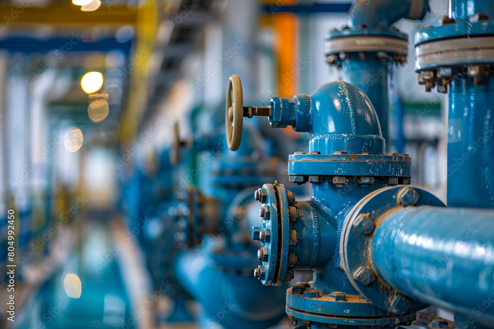 Fototapeta premium An intricate network of pipes and valves in a water treatment facility, a vital artery of modern urban infrastructure 