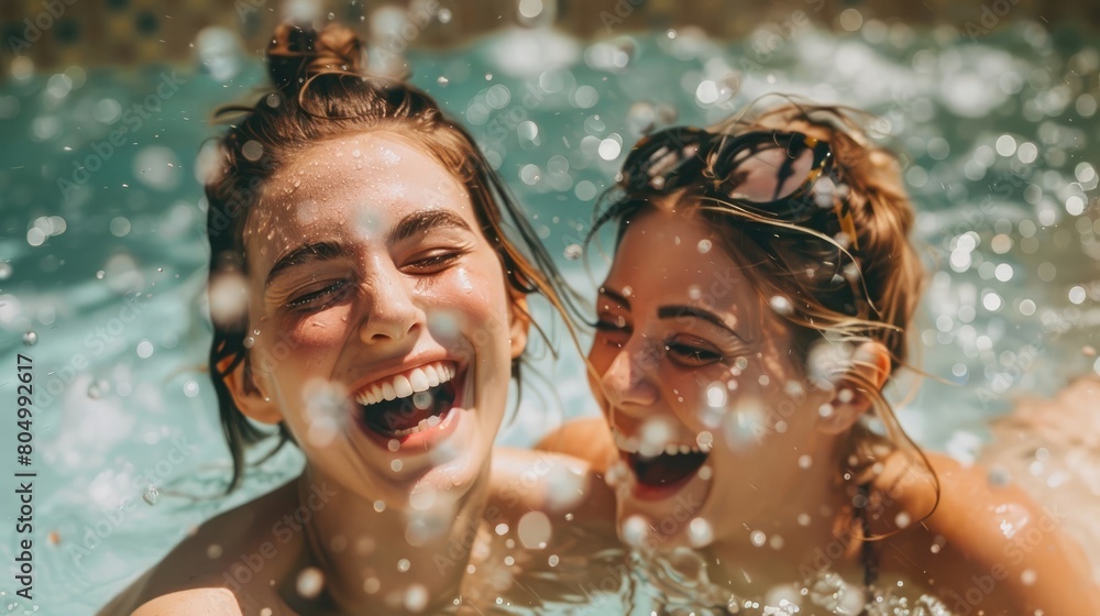 Two friends laughing in the pool with water splashes
