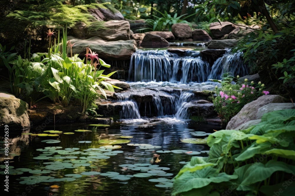 A gentle waterfall cascades into the pond, creating a soothing backdrop to the garden's tranquility. A gentle waterfall cascades into the pond, creating a soothing backdrop to the garden's tranquility.