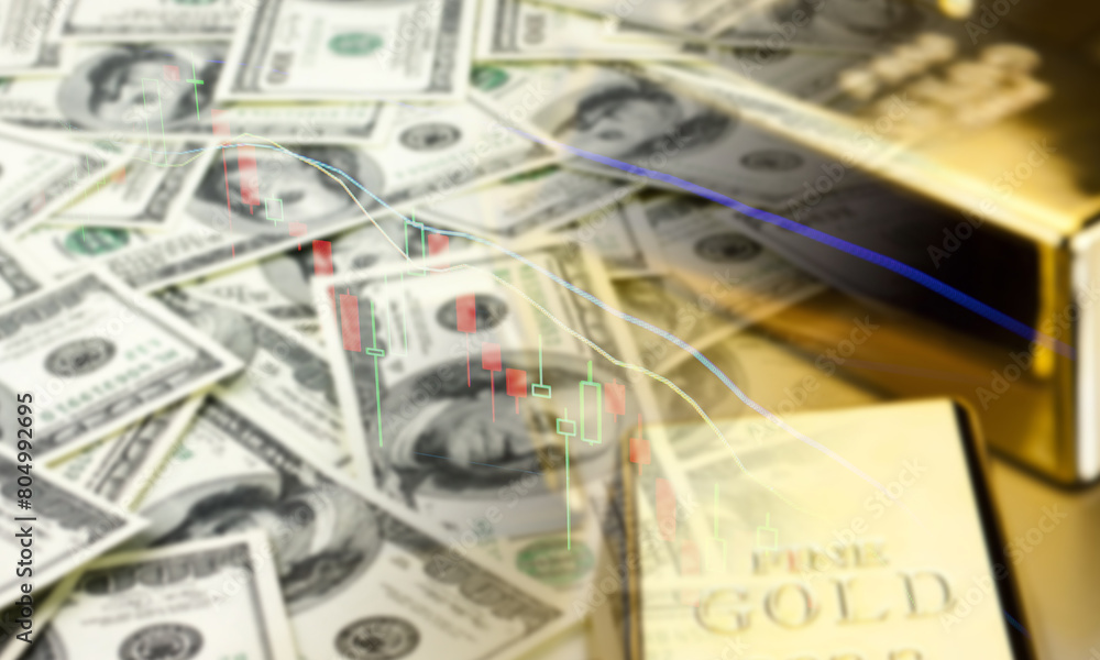 Currency and gold with diagram, abstract and concept of investment and stock market candlestick diagram, blurred dollars and gold background Currency and gold with diagram, abstract and concept of investment and stock market candlestick diagram, blurred dollars and gold background