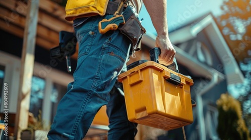 Close-up on an electrician carrying a toolbox while working at a house - domestic life concept © sania
