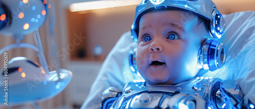 blue eyed baby In a modern, high-tech robot suit. Generative Ai photo