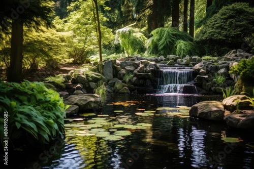 A gentle waterfall cascades into the pond  creating a soothing backdrop to the garden s tranquility.