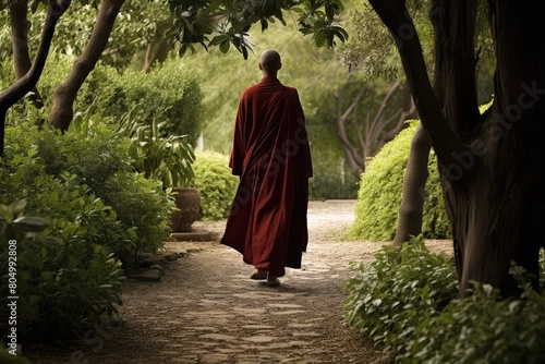 A solitary monk engages in walking meditation, moving slowly along the garden path.
