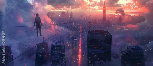 A figure walking a tightrope between two skyscrapers, with the city below shifting between historical eras